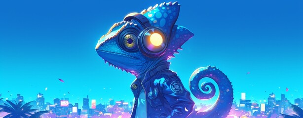 Wall Mural - A colorful chameleon with headphones on against a dark blue background