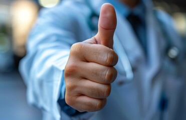 Wall Mural -   A person in a suit and tie, with a clear thumbs-up gesture, against a blurred background