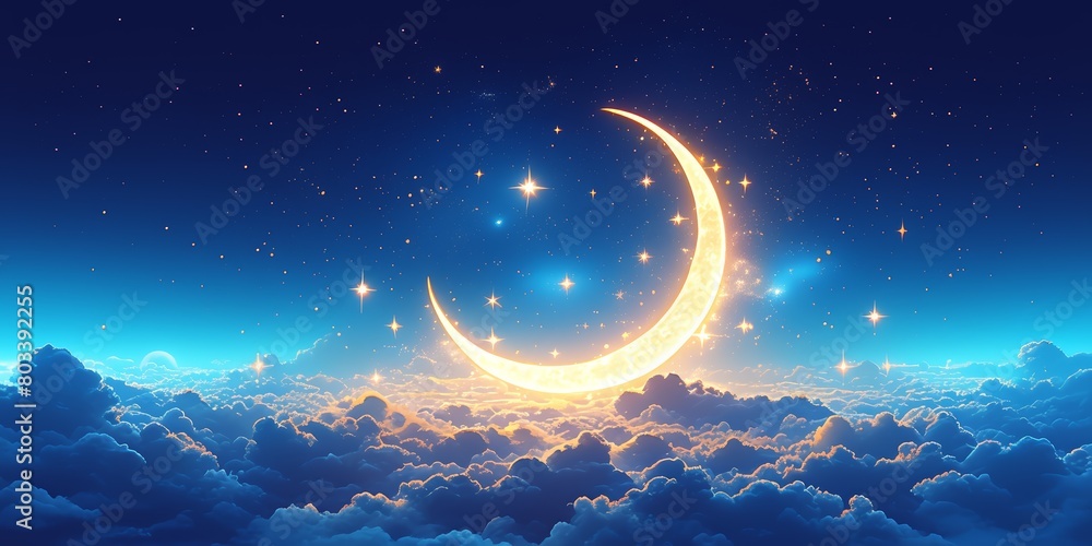 Golden crescent moon and stars on a clouds background. A night sky with ...