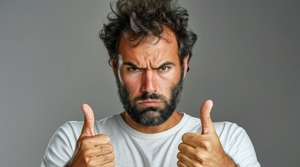 Wall Mural -   A man with a serious expression gazes into the camera, raising both thumbs in front of his face