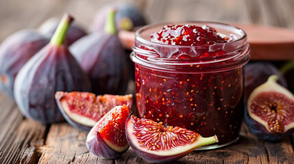 Wall Mural - jar with fresh figs and jam on wooden board.