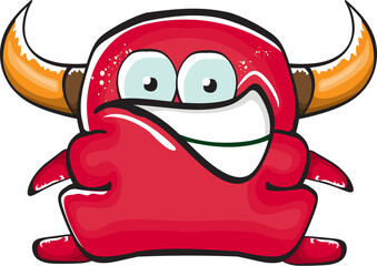 Wall Mural - Vector cartoon funny red monster with mouth, eyes and horn isolated on white background. Smiling red cartoon monster print sticker design template. Ghost, troll, gremlin, goblin, devil and monster