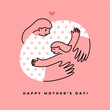 Happy Mother's Day greeting card or banner design. Graphic illustration of mother and daughter hugging.