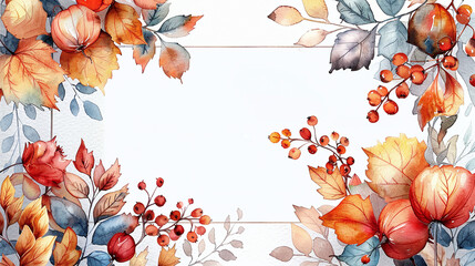 Wall Mural - watercolor painting of autumn leaves border isolated against transparent background
