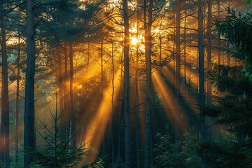 Wall Mural - Sunrise and sunrays over the green forest