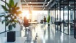 Abstract blurred interior modern office space with business people working banner background with copy space. hyper realistic 