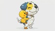   A dog with a rubber ducky on its back is hugging a rubber ducky against a white background