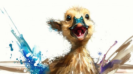 Poster -   A painting of a duck with its mouth open, showcasing water splashing around it