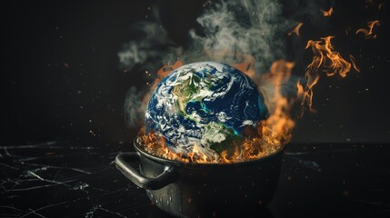 The earth is boiling in pot. global warming crisis