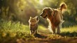 Happy golden retriever dog walking with a cute cat on a green field with natural sunlight hyper realistic 