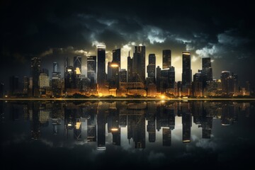 Wall Mural - Stormy City Skyline Reflection