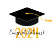 Graduation 2024 Congratulations text greeting card, poster. Vector flat illustration. Black color academic cap and golden 2024 numbers on white background. Mortarboard graduate symbol