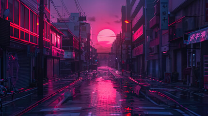 synth wave city in anime manga style, lofi vibes, morning sunrise