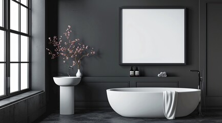 Wall Mural - Modern minimalist bathroom with dark gray walls, large windows and an elegant freestanding bathtub 