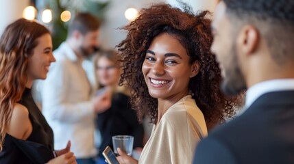 Wall Mural - a woman smiling with a man in the background at a social gathering with other people