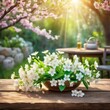 Illustration with delicate white and pink flowers on wooden boards and sunlight.