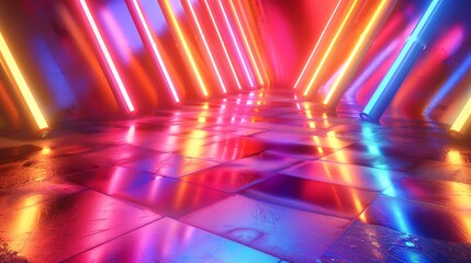 Wall Mural - neon background abstract with light shapes line diagonals on colorful and reflective floor