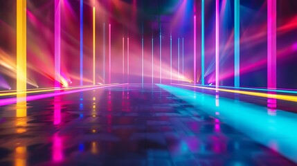 Wall Mural - neon background abstract with light shapes line diagonals on colorful and reflective floor