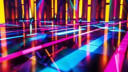 Wall Mural - neon background abstract with light shapes line diagonals on colorful and reflective floor