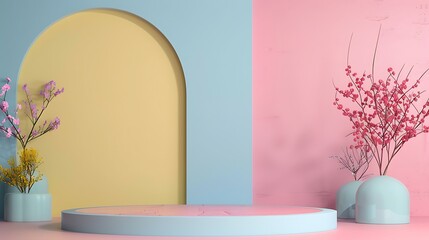 pastel scene pink blue yellow wall blank podium geometric set background