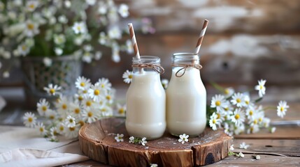 Poster - two milk bottles sitting on a wooden table with daisies in the background