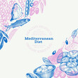 Mediterranean Cuisine Design Template. Vector Hand Drawn Healthy Food Banner. Vintage Style Menu Illustration.