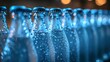 A row of bottles with water droplets on them in a dark room, AI