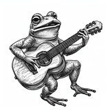 Fototapeta Abstrakcje - A frog or toad plays the guitar. An unusual musician. Painting in the style of engraving or pencil drawing. Black and white illustration for design.
