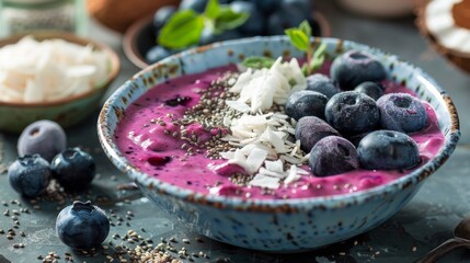 Smoothie bowl filled with blueberry puree and topped with chia, coconut, and more for a healthy start of the day