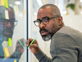 Sticker - A man with glasses writing on a glass board. Generative AI.