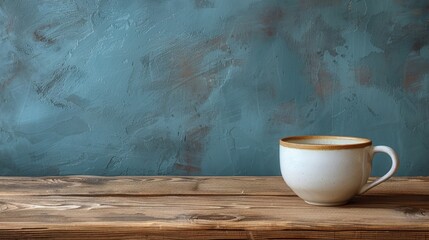 Canvas Print - A coffee cup on a wooden table against blue wall, AI