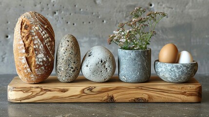 Poster -   Wooden cutting board displays various loafs of bread, including one in an egg-filled vase