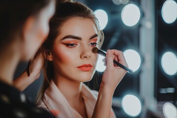 Wall Mural - Portrait of a expert makeup artist doing makeup of a beautiful women in a salon,  glowing skin