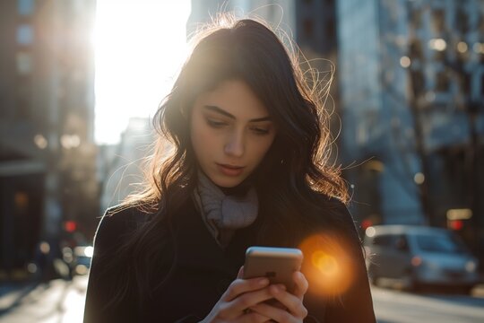 Beautiful woman in business clothes looking at smartphone on the street behind a building.