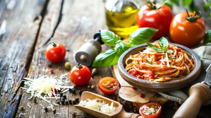 Wall Mural - Freshly prepared spaghetti pasta with tomato sauce, basil, and cheese on a rustic wooden table.