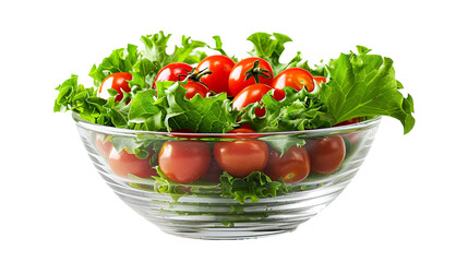 An elegant glass salad bowl with leafy greens and cherry tomatoes, isolated on transparent background. 