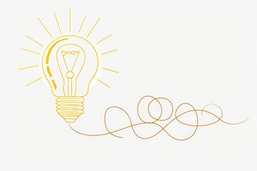 Wall Mural - Hand drawn continuous line light bulb icon with yellow glow, creative idea concept illustration on white background Generative AI