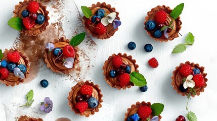 Poster -   Table of Mini Cupcakes Topped with Chocolate Frosting and Fresh Berries