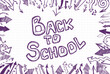 Welcome Back to school horizontal banner, doodle on checkered paper background, vector illustration. Drawing with a blue pen on a notebook sheet . Handmade, not AI Vector illustration
