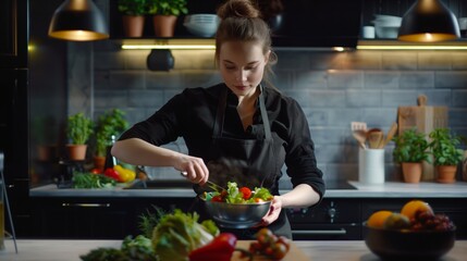 Poster - Young female chef in a black apron seasoning a bowl of fresh salad in a modern kitchen.