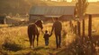 Golden sunset over a rustic farm scene with a man, child, and horse walking together.