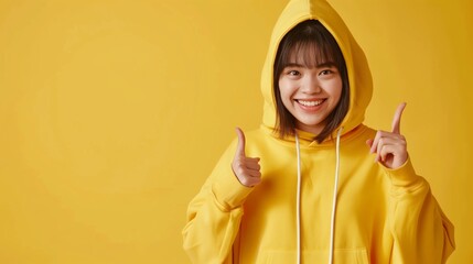 Wall Mural - Cheerful young Asian woman in a yellow hoodie giving thumbs up against a yellow background.
