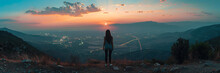 Panorama View Of The City From One Hill, A Girl Stands On Top Of That Mountain