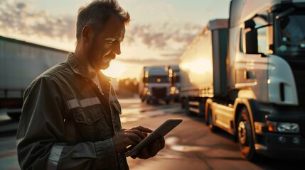 Canvas Print - Middle-aged Caucasian man with a tablet standing amidst trucks during sunset at a logistics center.