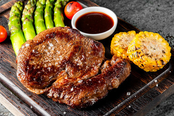 Sticker - A beautifully grilled steak with asparagus, corn, tomatoes, and BBQ sauce, presented on a rustic wooden board