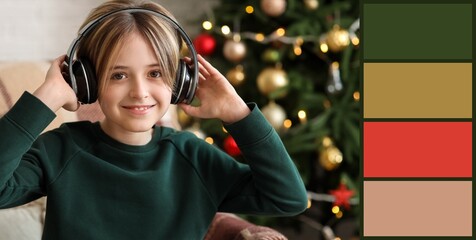 Sticker - Cute little boy listening to Christmas music at home. Different color patterns