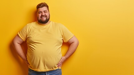 Wall Mural - Smiling bearded man in yellow shirt posing with hands on hips against a yellow background.