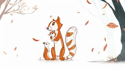 Sticker -   A picture of an orange-white cat and squirrel sitting amidst forest leaves