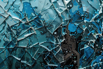 blue printed circuit board under shattered glass background technology broken barrier cyber crime concept texture