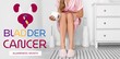 Young woman feeling discomfort while sitting on toilet bowl. Banner for Bladder Cancer Awareness Month